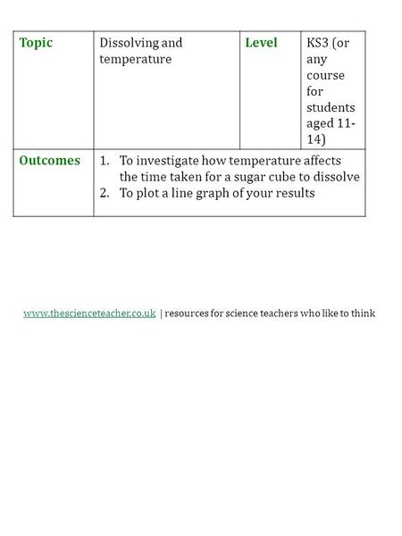 Www.thescienceteacher.co.ukwww.thescienceteacher.co.uk | resources for science teachers who like to think TopicDissolving and temperature LevelKS3 (or.