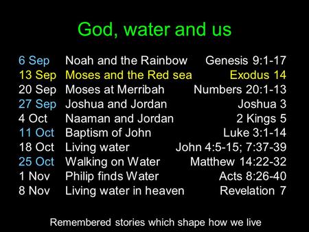 God, water and us 6 SepNoah and the RainbowGenesis 9:1-17 13 SepMoses and the Red seaExodus 14 20 SepMoses at MerribahNumbers 20:1-13 27 SepJoshua and.
