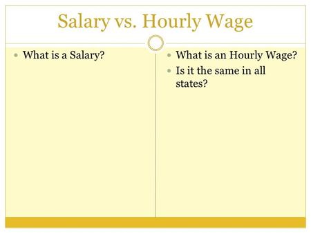 Salary vs. Hourly Wage What is a Salary? What is an Hourly Wage? Is it the same in all states?