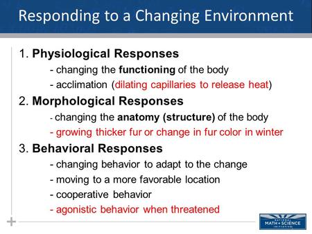 Responding to a Changing Environment 1. Physiological Responses - changing the functioning of the body - acclimation (dilating capillaries to release.