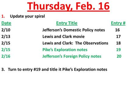 Thursday, Feb. 16 1. Update your spiral DateEntry TitleEntry # 2/10Jefferson’s Domestic Policy notes 16 2/13Lewis and Clark movie 17 2/15Lewis and Clark: