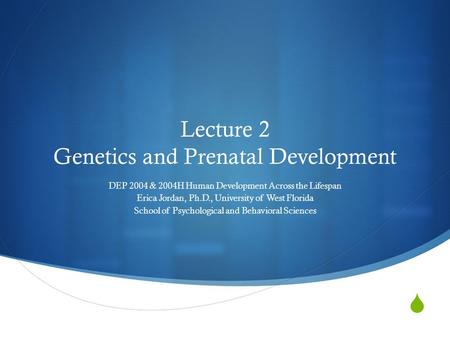  Lecture 2 Genetics and Prenatal Development DEP 2004 & 2004H Human Development Across the Lifespan Erica Jordan, Ph.D., University of West Florida School.