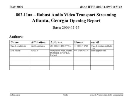 Doc.: IEEE 802.11-09/01151r2 Submission 802.11aa – Robust Audio Video Transport Streaming Atlanta, Georgia Opening Report Date: 2009-11-15 Authors: Nov.