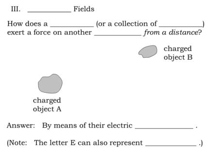 How does a ____________ (or a collection of ____________) exert a force on another _____________ from a distance ? charged object A charged object B Answer: