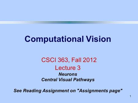 1 Computational Vision CSCI 363, Fall 2012 Lecture 3 Neurons Central Visual Pathways See Reading Assignment on Assignments page