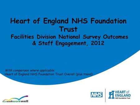 Heart of England NHS Foundation Trust Facilities Division National Survey Outcomes & Staff Engagement, 2012 With comparison where applicable: Heart of.