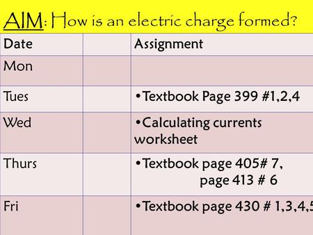DateAssignment Mon TuesTextbook Page 399 #1,2,4 WedCalculating currents worksheet ThursTextbook page 405# 7, page 413 # 6 FriTextbook page 430 # 1,3,4,5.