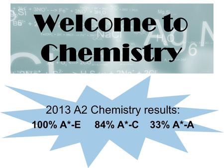 Welcome to Chemistry 2013 A2 Chemistry results: 100% A*-E 84% A*-C 33% A*-A.