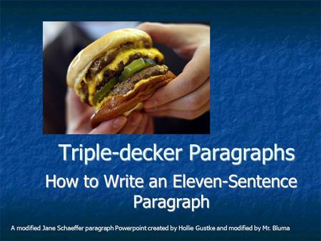 Triple-decker Paragraphs How to Write an Eleven-Sentence Paragraph A modified Jane Schaeffer paragraph Powerpoint created by Hollie Gustke and modified.