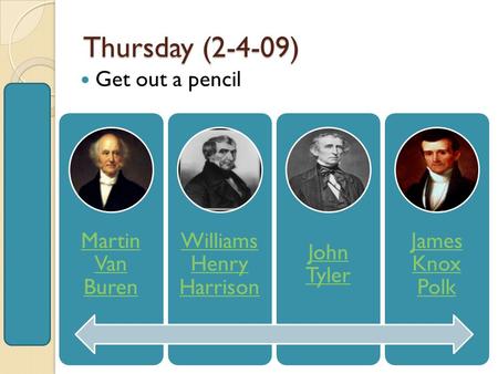 Thursday (2-4-09) Get out a pencil Martin Van Buren Williams Henry Harrison John Tyler James Knox Polk.