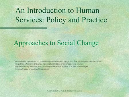 Copyright © Allyn & Bacon 2002 An Introduction to Human Services: Policy and Practice Approaches to Social Change §This multimedia product and its contents.