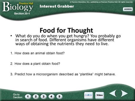 Go to Section: Food for Thought What do you do when you get hungry? You probably go in search of food. Different organisms have different ways of obtaining.