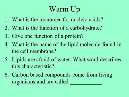 Warm Up 1.What is the monomer for nucleic acids? 2.What is the function of a carbohydrate? 3.Give one function of a protein? 4.What is the name of the.