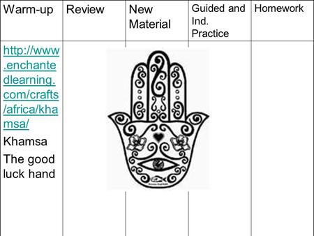 Warm-upReviewNew Material Guided and Ind. Practice Homework  dlearning. com/crafts /africa/kha msa/ Khamsa The good luck hand.