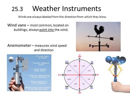 25.3 Weather Instruments Winds are always labeled from the direction from which they blow. Wind vane – most common, located on buildings; always point.