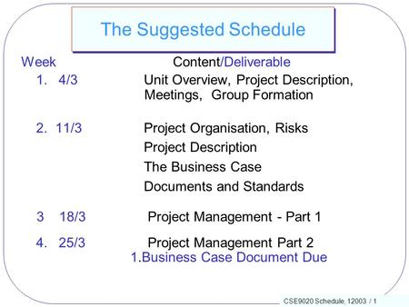 CSE9020 Schedule, 12003 / 1 The Suggested Schedule Week Content/Deliverable 1. 4/3Unit Overview, Project Description, Meetings, Group Formation 2. 11/3Project.