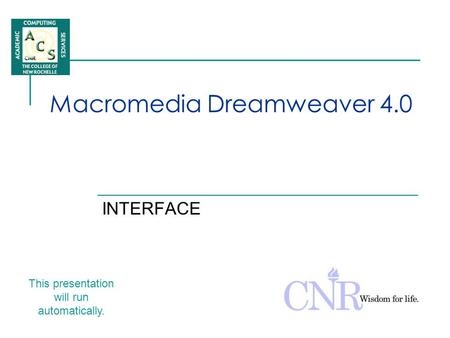 Macromedia Dreamweaver 4.0 INTERFACE This presentation will run automatically.