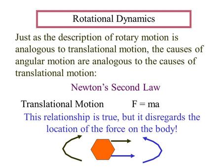 Rotational Dynamics Just as the description of rotary motion is analogous to translational motion, the causes of angular motion are analogous to the causes.