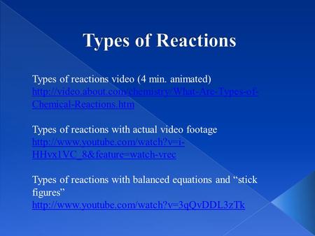 Types of reactions video (4 min. animated)  Chemical-Reactions.htm