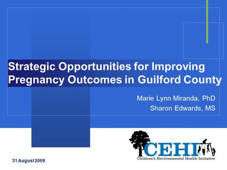 Strategic Opportunities for Improving Pregnancy Outcomes in Guilford County Marie Lynn Miranda, PhD Sharon Edwards, MS 31 August 2009.