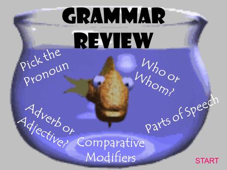GRAMMAR REVIEW Comparative Modifiers START Who or Whom? Pick the Pronoun Adverb or Adjective? Parts of Speech.