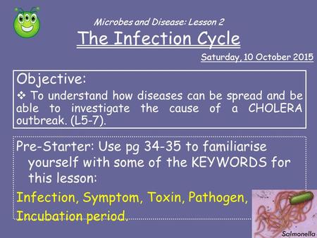Saturday, 10 October 2015 Microbes and Disease: Lesson 2 The Infection Cycle Objective:  To understand how diseases can be spread and be able to investigate.