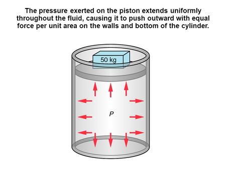 The pressure exerted on the piston extends uniformly throughout the fluid, causing it to push outward with equal force per unit area on the walls and bottom.