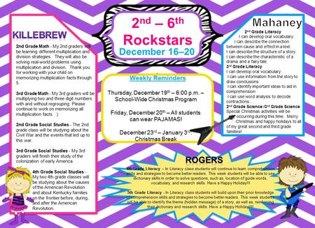 2 nd – 6 th Rockstars December 16–20 Weekly Reminders 4th Grade Literacy – In Literacy class students will continue to learn comprehension skills and strategies.