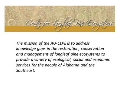 The mission of the AU-CLPE is to address knowledge gaps in the restoration, conservation and management of longleaf pine ecosystems to provide a variety.