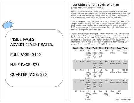 INSIDE PAGES ADVERTISEMENT RATES: FULL PAGE: $100 HALF-PAGE: $75 QUARTER PAGE: $50 Your Ultimate 10-K Beginner’s Plan You're a notch above novice. You've.