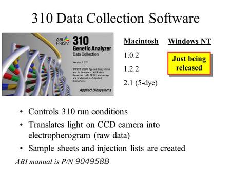 310 Data Collection Software Controls 310 run conditions Translates light on CCD camera into electropherogram (raw data) Sample sheets and injection lists.