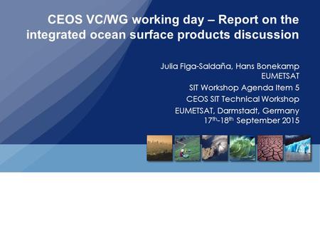 CEOS VC/WG working day – Report on the integrated ocean surface products discussion Julia Figa-Saldaña, Hans Bonekamp EUMETSAT SIT Workshop Agenda Item.