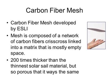 Carbon Fiber Mesh Carbon Fiber Mesh developed by ESLI Mesh is composed of a network of carbon fibers crisscross linked into a matrix that is mostly empty.