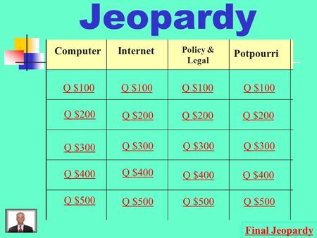 Jeopardy Computer Internet Policy & Legal Potpourri Q $100 Q $200 Q $300 Q $400 Q $500 Q $100 Q $200 Q $300 Q $400 Q $500 Final Jeopardy.