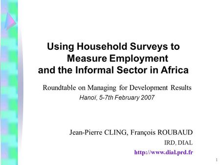 1 Roundtable on Managing for Development Results Hanoï, 5-7th February 2007 Using Household Surveys to Measure Employment and the Informal Sector in Africa.