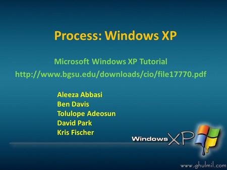Process: Windows XP Microsoft Windows XP Tutorial  Aleeza Abbasi Ben Davis Tolulope Adeosun David Park Kris.