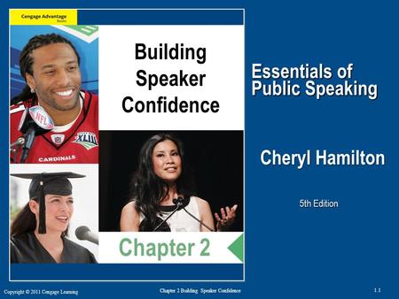 Copyright © 2011 Cengage Learning 1.1 Chapter 2 Building Speaker Confidence Essentials of Public Speaking Cheryl Hamilton, Ph.D. 5th Edition Building Speaker.