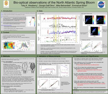 Bio-optical observations of the North Atlantic Spring Bloom Toby K. Westberry 1, Giorgio Dall’Olmo 1, Mike Behrenfeld 1, Emmanuel Boss 2 1 Department of.