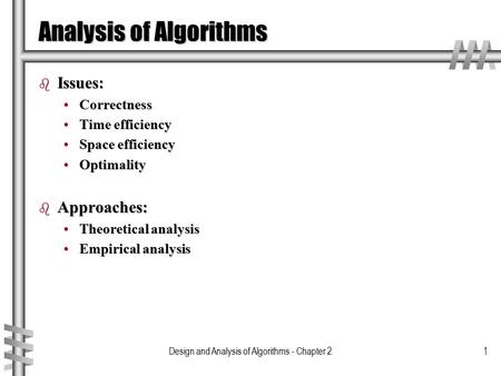 Design and Analysis of Algorithms - Chapter 21 Analysis of Algorithms b Issues: CorrectnessCorrectness Time efficiencyTime efficiency Space efficiencySpace.
