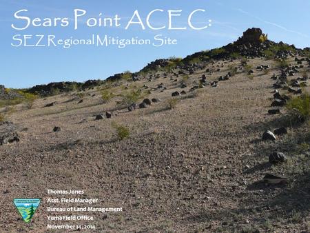 Sears Point ACEC: SEZ Regional Mitigation Site Thomas Jones Asst. Field Manager Bureau of Land Management Yuma Field Office November 14, 2014.
