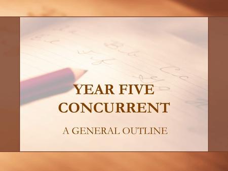 YEAR FIVE CONCURRENT A GENERAL OUTLINE. YOUR CLASSES Primary/Junior Division EDUC4133 Observation & Practice Teaching (13 weeks) EDUC 4244 Visual Arts.