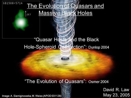 The Evolution of Quasars and Massive Black Holes “Quasar Hosts and the Black Hole-Spheroid Connection”: Dunlop 2004 “The Evolution of Quasars”: Osmer 2004.