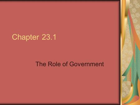 Chapter 23.1 The Role of Government. Providing Public Goods Businesses produce mostly private goods, or goods that when consumed by one individual cannot.