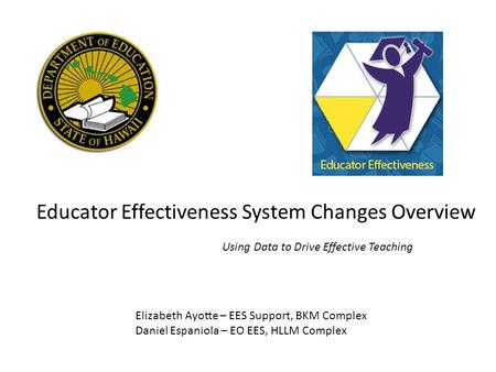 Educator Effectiveness System Changes Overview Using Data to Drive Effective Teaching Elizabeth Ayotte – EES Support, BKM Complex Daniel Espaniola – EO.