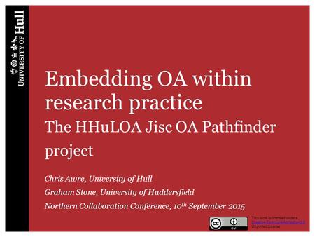Embedding OA within research practice The HHuLOA Jisc OA Pathfinder project Chris Awre, University of Hull Graham Stone, University of Huddersfield Northern.