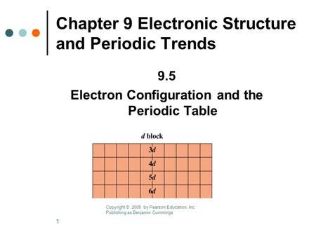 1 Chapter 9 Electronic Structure and Periodic Trends 9.5 Electron Configuration and the Periodic Table Copyright © 2008 by Pearson Education, Inc. Publishing.