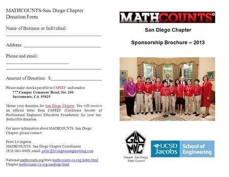 San Diego Chapter Sponsorship Brochure – 2013 MATHCOUNTS-San Diego Chapter Donation Form Name of Business or Individual: _________________________________________.