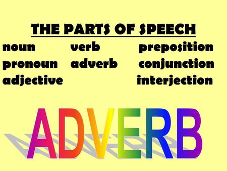 THE PARTS OF SPEECH nounverbpreposition pronounadverbconjunction adjective interjection.