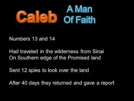 Numbers 13 and 14 Had traveled in the wilderness from Sinai On Southern edge of the Promised land Sent 12 spies to look over the land After 40 days they.