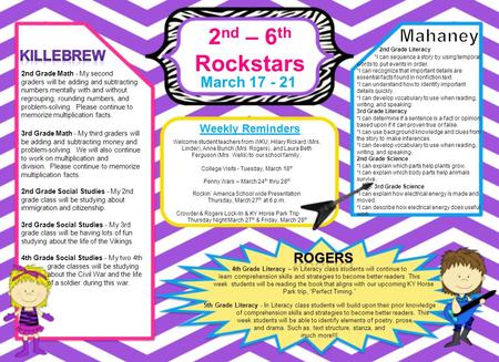 2 nd – 6 th Rockstars March 17 - 21 Weekly Reminders 4th Grade Literacy – In Literacy class students will continue to learn comprehension skills and strategies.